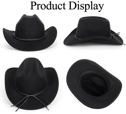 Retro Western Cowboy Hat for Men Women, Wide Brim Felt Cowgirl Fedora Hats with Braided Rope Band M