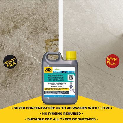 FILA Surface Care Solutions, CLEANER PRO, Concentrated Neutral Detergent - Up to 40 Washes - Hard Floor Cleaner Liquid for Floor Tiles in Marble, Porcelain, Stone etc, Laminate Floor Cleaner, 1L