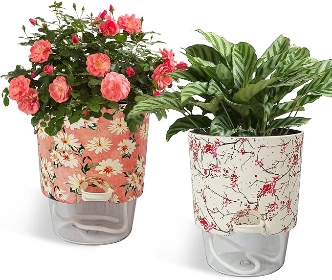 2 pcs Self Watering Plant Pots - 4.8 in Plastic Planter with Drainage Holes, Indoor Outdoor Flower Pots for African Violet, Succulents, Herbs, Cactus, Basil, Flower Printed