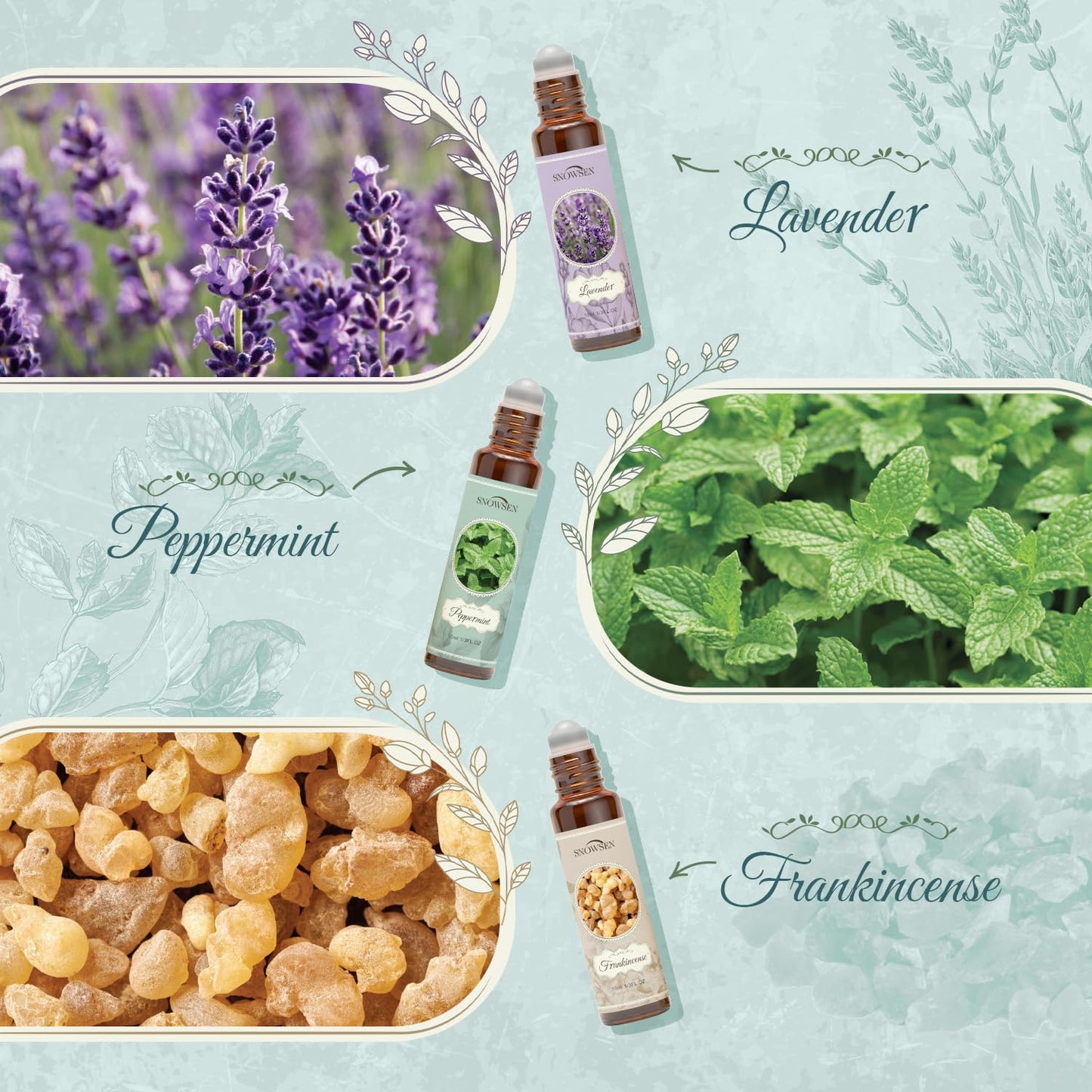 Essential Oils Roll on Set, Aromatherapy Oils with Roller Ball for Skin, Natural Essential Oil Roller Gift Set with Lavender, Peppermint, Frankincense, Eucalyptus, Lemon, Myrrh