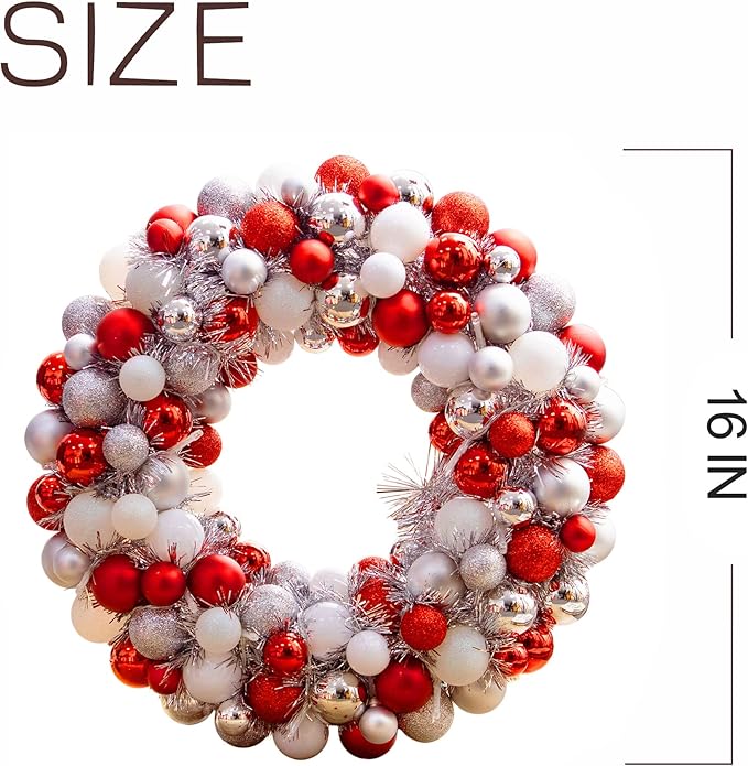Amooca 16in Christmas Ball Wreath with LED Lights Front Door Window Decorative Hanging Ornaments Table Centerpiece Holiday Party Home Decoration Red White Silver