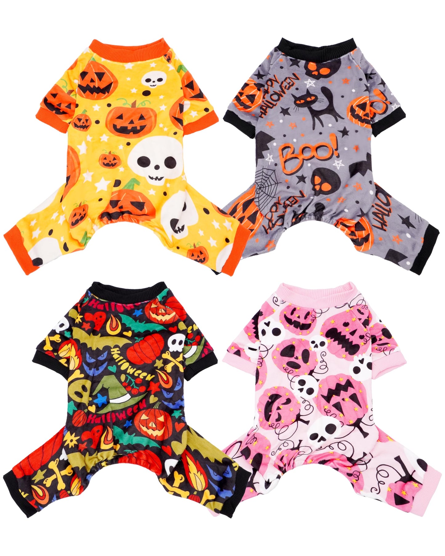 PET SHOW 4 Pack Halloween Small Dog Pajamas for Doggie Puppy Cats Kitten Onesies Pumpkin Ghost Soft Fleece Stretchy Jumpsuit Costume Boy Girl Pets PJs with Sleeve Clothes(S)