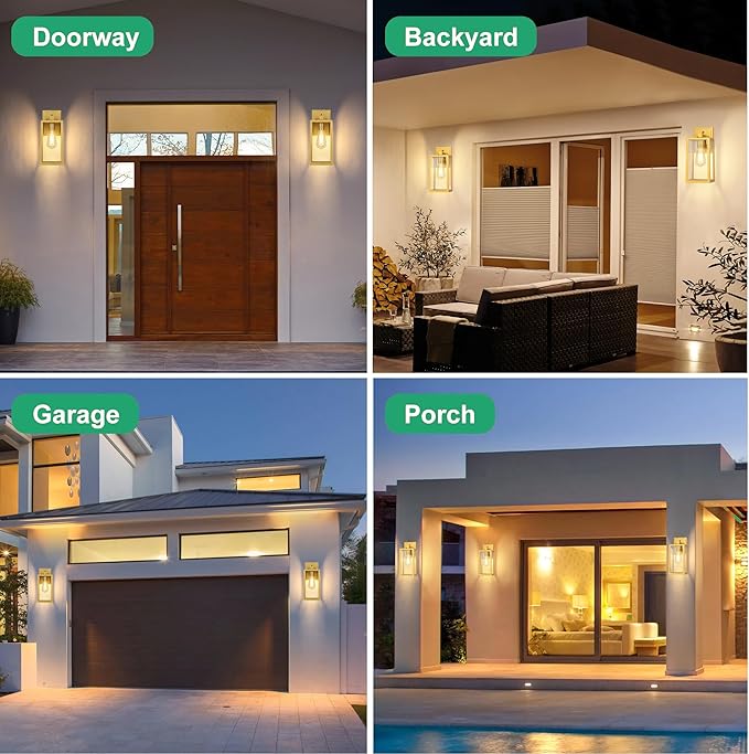 PARTPHONER Exterior Lighting Fixtures, Porch Light Outdoor, Waterproof Exterior Light Fixture, Anti-Rust Wall Sconce with Clear Glass and Aluminum for Garage, Doorway 2 Pack (Gold)