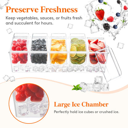 Lifewit Ice Chilled Condiment Caddy with 5x 20oz(2.5 cup) Containers, 15.3" Condiment Server with Separate Lids, Serving Tray Platter with Removable Dishes for Bar, Fruit, Salad, Taco, Party Garnish