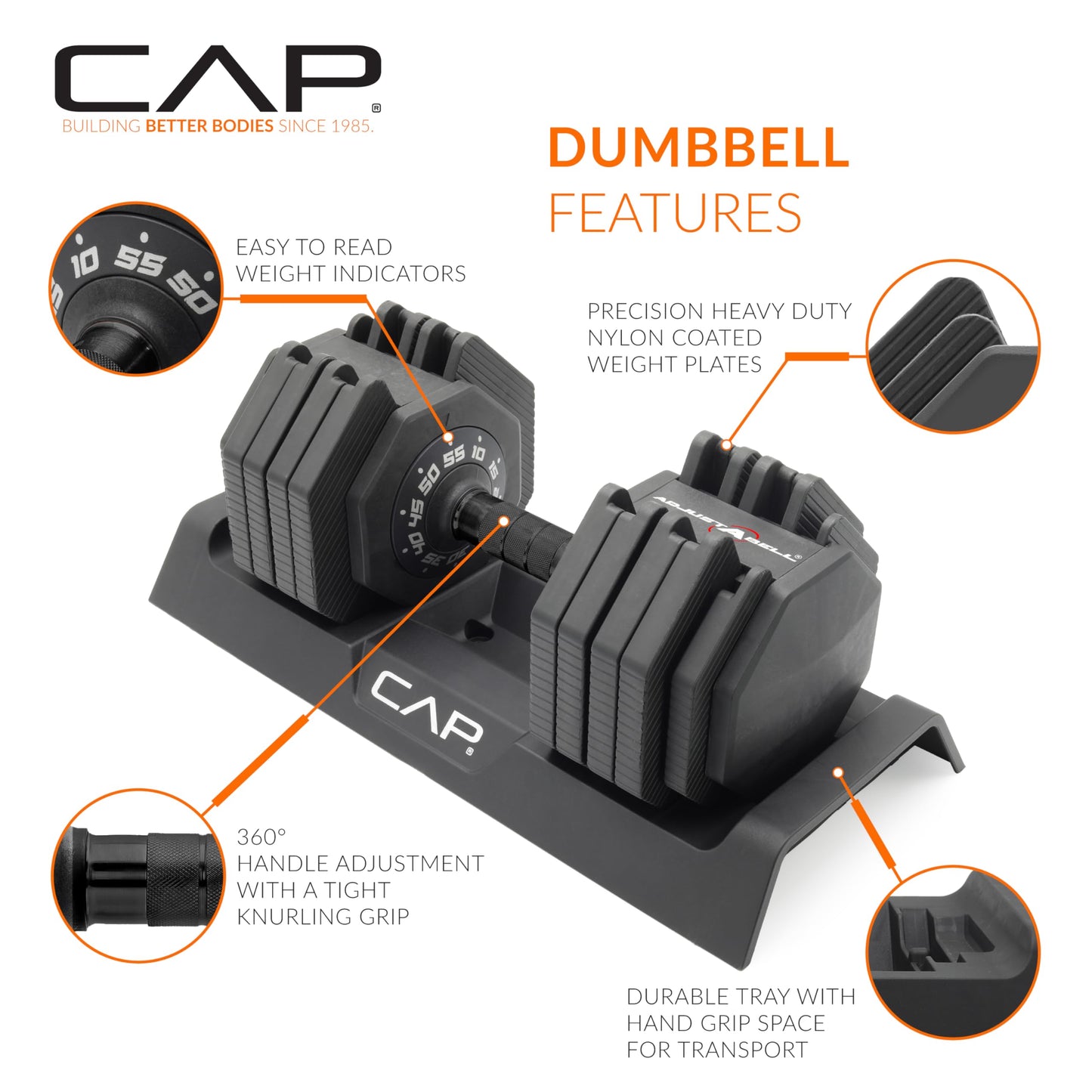 CAP Barbell ADJUSTABELL Adjustable 55 lb Hex Dumbbell Weights - Singles & Pairs | Multiple Handle Options