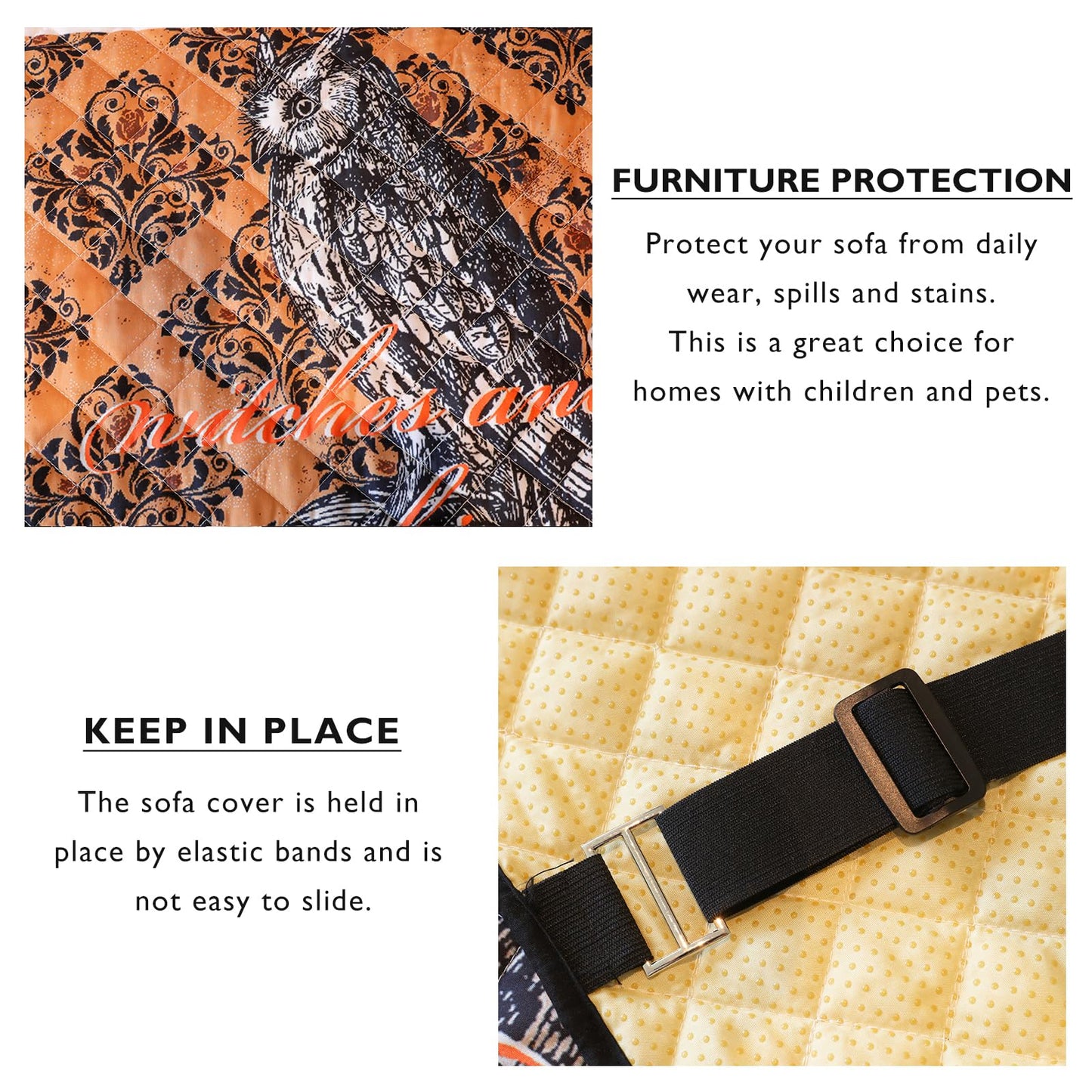 Cmfshape Halloween Skidproof Sofa Cover-Festival Sofa Slipcover with Elastic Straps-Easy Fit Slip Cover-Patchwork Washable Furniture Protector for Pets and Kids(Sofa,Black&Orange)