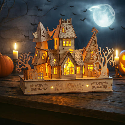 3D Wooden Halloween Haunted House Puzzles, Wood Creative Glow in The Dark Haunted House Puzzle, Assembly Model Building Kits to Build for Adults & Kids, Halloween Decor Model Kits