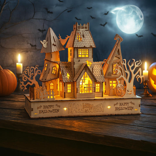 3D Wooden Halloween Haunted House Puzzles, Wood Creative Glow in The Dark Haunted House Puzzle, Assembly Model Building Kits to Build for Adults & Kids, Halloween Decor Model Kits