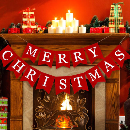Whaline Merry Christmas Canvas Banners, Red Christmas Bunting Garland, Hanging Xmas Decorations for Fireplace Wall (13ft in Total)