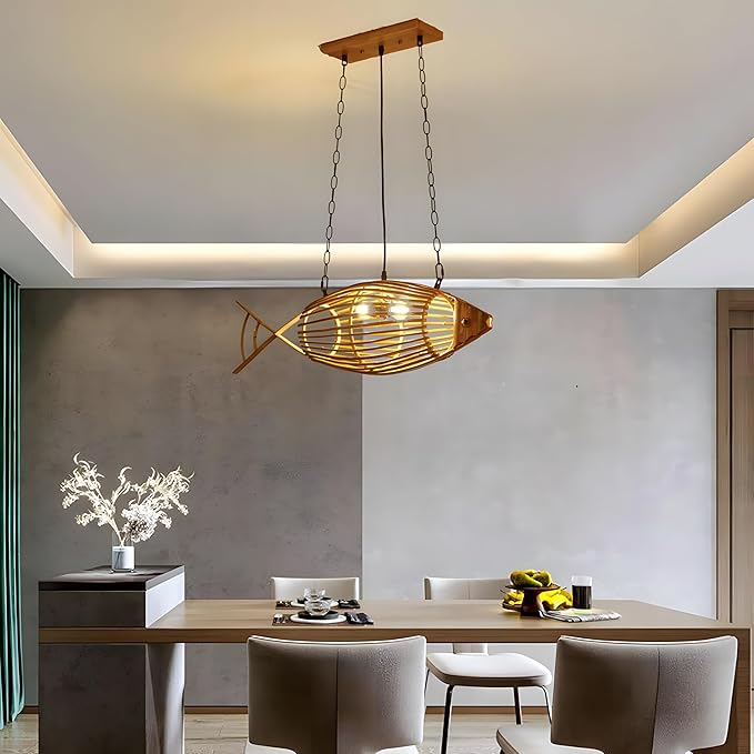 Rustic Fish Pendant Light,Hand-Woven Bamboo Hanging Lamp,Adjustable Kitchen Hanging Light,Boho Style Pendant Lamp for Living Room Bedroom