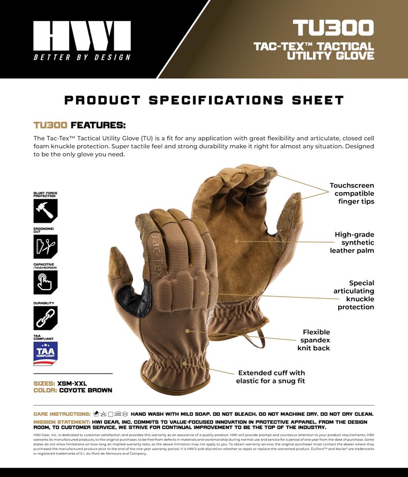 HWI Gear TU300 Tac-Tex Touchscreen Tactical Utility Glove Work, Coyote Brown Medium