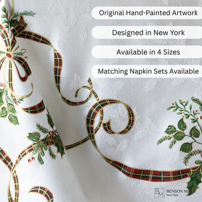 Benson Mills Merry Ribbons Engineered Printed Jacquard Fabric Christmas Table Cloth, for Christmas, Winter, and Holiday Tablecloth (60" x 104" Rectangular, Merry Ribbons)