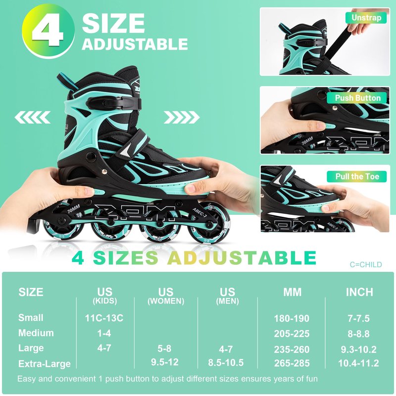 2PM SPORTS Vinal Girls Adjustable Flashing Inline Skates, All Wheels Light Up, Fun Illuminating Skates for Kids Women and Men Adults Boys - Mint Extra Large
