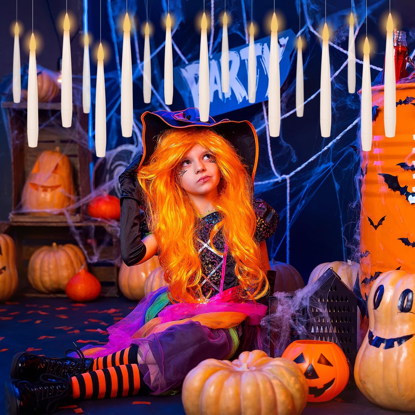 DRomance 22pcs Floating Flameless Candles with Wand Remote and Timer, Battery Operated Magic Hanging LED Flickering Window Taper Candles Warm Light Halloween Lights Decoration(0.45" x 6.1")