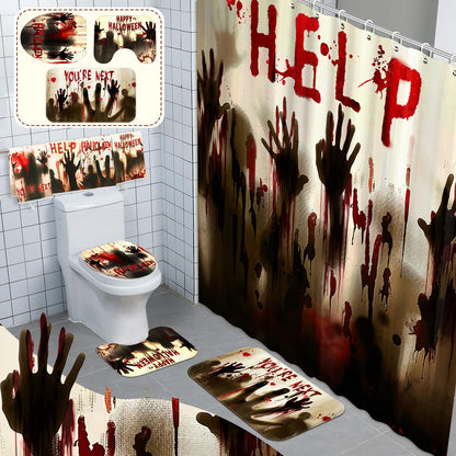 FuWeave 8 Pcs Halloween Help Me Shower Curtain Set for Bathroom Include Scary Ghost Shadow Bloody Hands Shower Curtain Towels Non Slip Rugs Toilet Lid Cover Bath Mat and 12 Hooks for Bathroom Decor