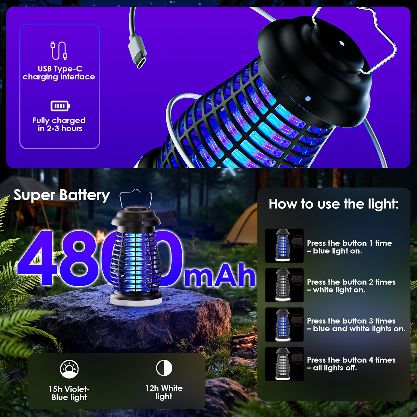 Bug Zapper Outdoor & Indoor Cordless Mosquito Zappers with Rechargeable 4800mAh Battery & Camping Light Electric Fly Trap for Patio, Kitchen, Backyard and Garden Portable Gnat Killer