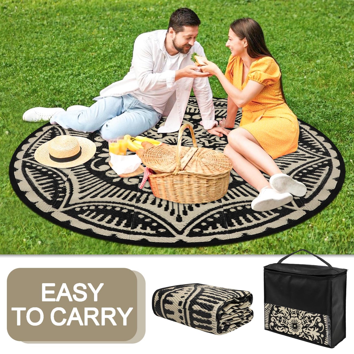 Capslpad 6x6 Floral Outdoor Rug for Patio Clearance Reversible Mat Round Portable Plastic Straw Carpet Waterproof Boho Outside Area Rug for RV Camping Picnic Tent Balcony Beach Deck, Black and Brown