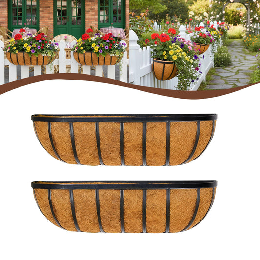 JFFLYIT 2 Pcs 36“ Railing Planter Window Box Deck Railing Planter Boxes with Coco Liner English Horse Trough Planters Metal Wall-Mounted Planters Basket for Outdoor Balcony Porch Fence Patio Rail