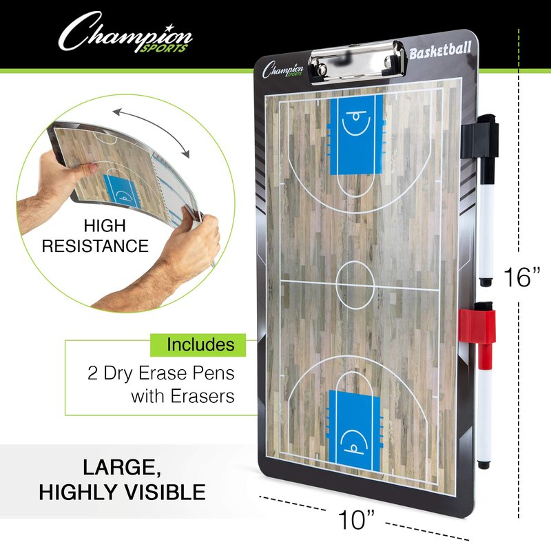 Champion Sports Dry Erase Clipboard for Coaching Basketball - Whiteboards for Strategizing, Techniques, Plays - 2-Sided Clipboards with Clip - Front Side Full Court - Backside Half Court and Lineup