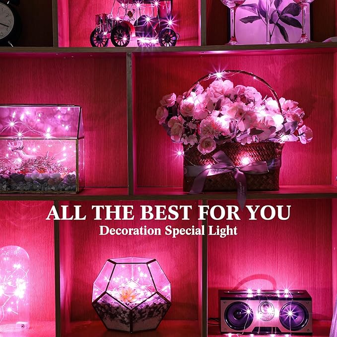 Hortsun 100 Packs Fairy Lights Battery Operated 3 Speed Modes, 7 Ft/ 2 M 20 LED Battery String Mini Waterproof Wire Twinkle Lights Bulk for Wedding Party Birthday Vases (Pink Light)