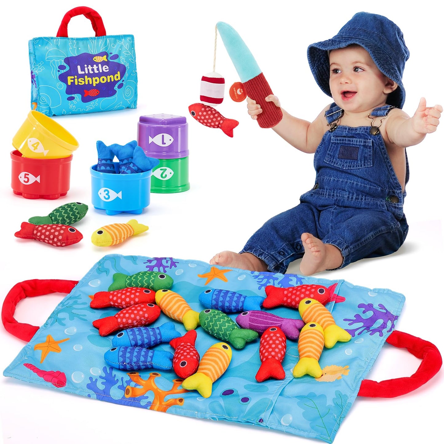 hahaland Montessori Toys for 1 Year Old - 10 in 1 Cloth Toddler Fishing Game with Stacking Cups, Baby Toy 12-18 Months One Year Old Boy Birthday Gift, Toddler Toys for 1 2 Year Old Boy Girl Gifts