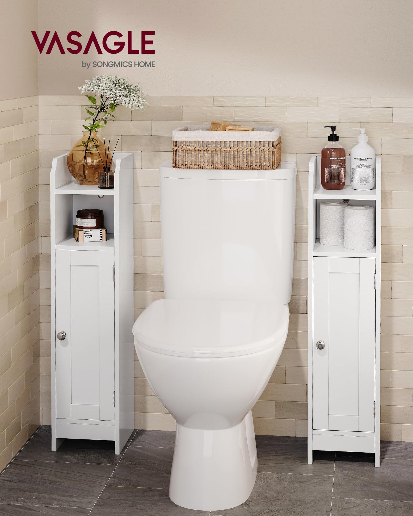 VASAGLE Slim Bathroom Floor Storage Cabinet with Door and Shelves, Freestanding Bathroom Storage Unit, Narrow Bathroom Toilet Paper Storage Cabinet, Adjustable Shelves, White BBC310W01