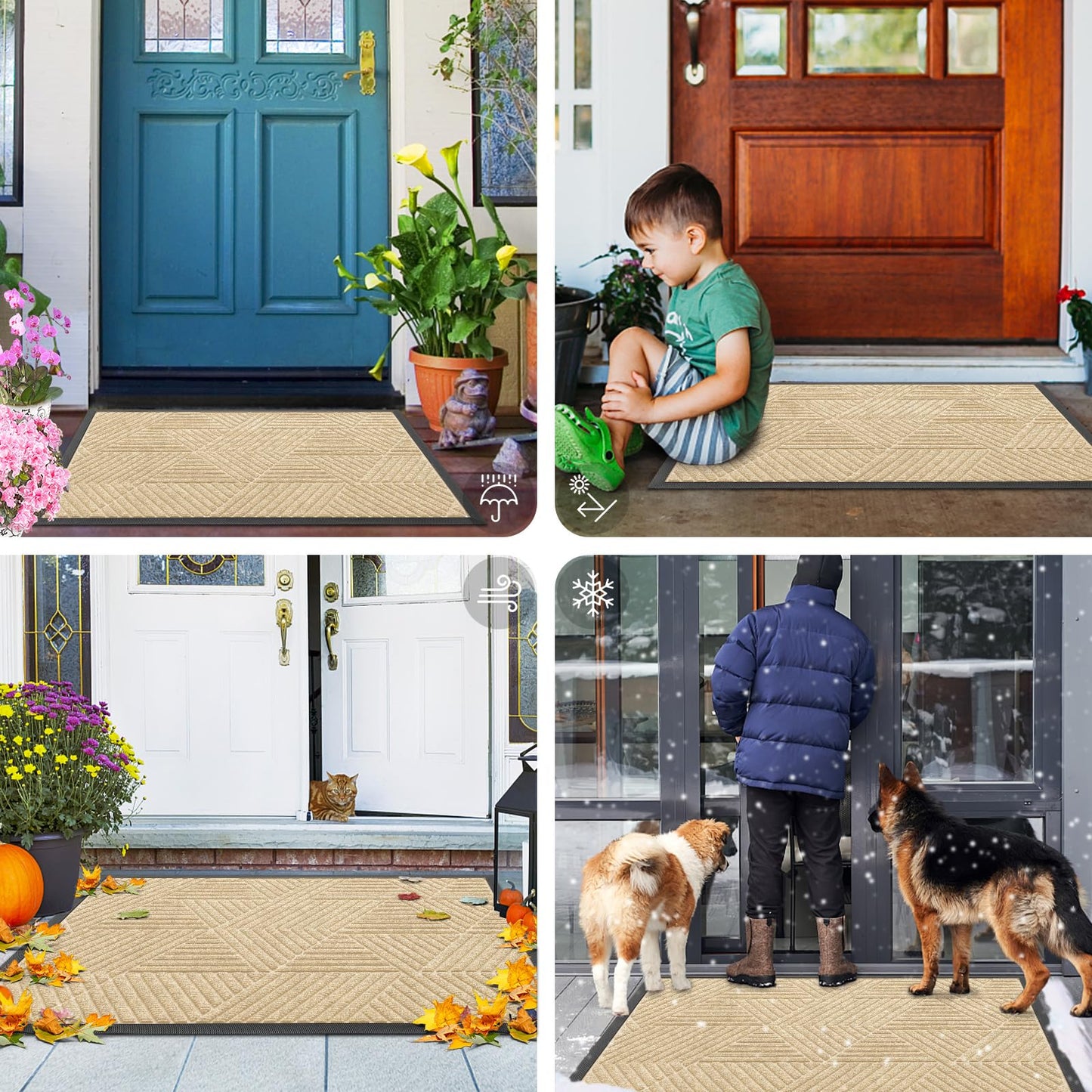 Smiry Front Door Mat Outside Entrance, Heavy Duty Sturdy Natural Rubber Doormat, Trap Dirt and Moisture, Easy Clean Low Profile Mats for Indoor Outdoor Entry, Irregular Triangle (29.5x17, Beige)