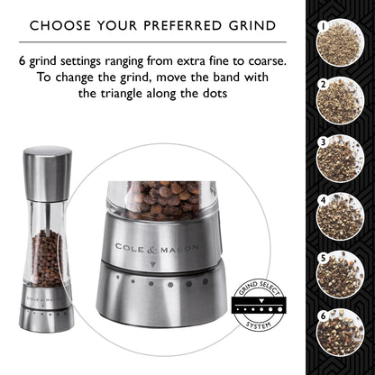 Cole & Mason Derwent Salt and Pepper Mills, Adjustable Grind Settings, Gourmet Precision+, Stainless Steel/Acrylic, 190 mm, Gift Set, Includes 2 x Salt and Pepper Grinders