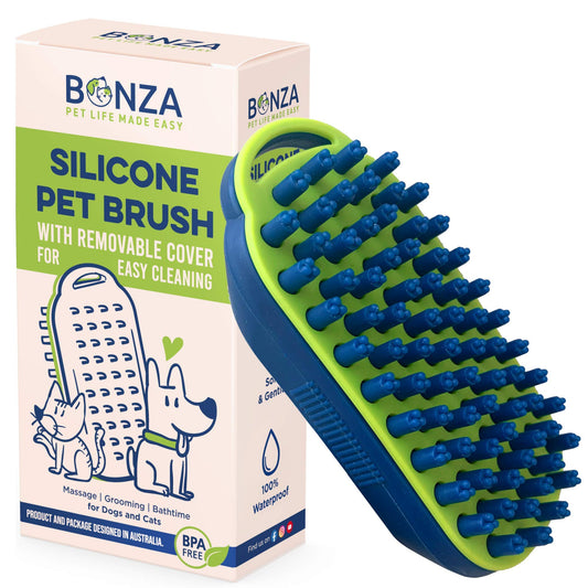 Bonza Dog & Cat Grooming Massage Brush with Removable Screen – Pet Scrubber for Gentle Short & Long-Haired Fur - Dog Bath Brush