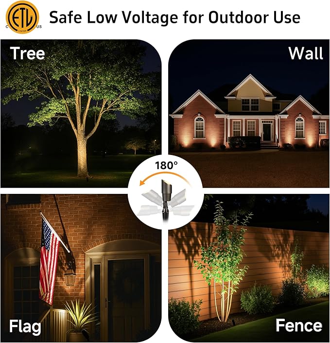 Gardenreet Spot Light Brass - Outdoor Landscape Spotlights 12V, LED Low Voltage Landscaping Uplights, All Weather Hard-Wired Bronze for Backyard Lawn with Cold White Changeable Bulbs (8 Pack)