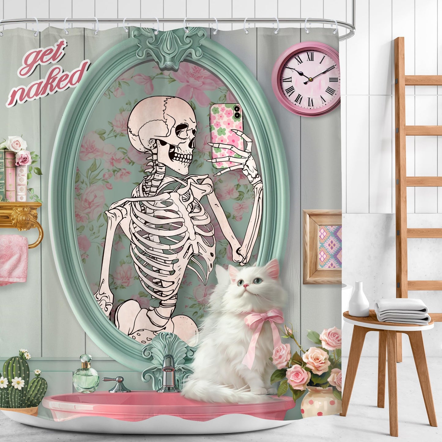 Mitpok Funny Skull Skeleton Shower Curtain 60Wx72H Cute Cat Retro Kitten Animal Gothic Fun Floral Fashion Bathroom Decor Halloween Unique Cool Horror Scary Bath Curtain Fabric Polyester 12 Pack Hooks