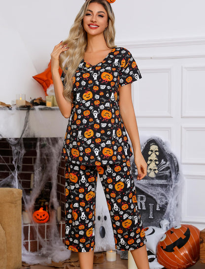 ENJOYNIGHT Womens Pajama Sets Cotton Pj Set Short Sleeve Top With Capri Pants Sleepwear 2 Piece Lounge Set (Small,Black Pumpkin)