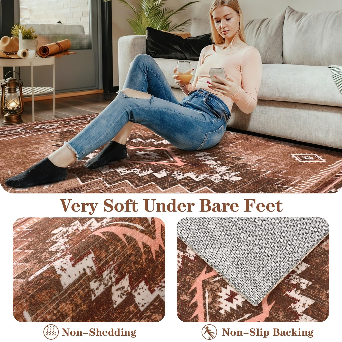 Yinhua Western Living Room Rug 5x7, Moroccan Low-Pile Washable Rug for Bedroom, Aztec Brown Rugs Non Slip with Rubber Backing, Soft Non-Shedding Carpet for Nursery Classroom Office