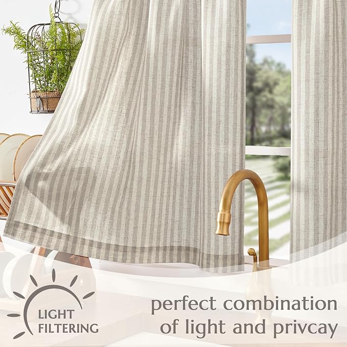 jinchan Striped Linen Kitchen Curtains 24 Inches Tier Curtains Farmhouse Modern Cafe Style Small Window Treatments Airy Light Filtering Rod Pocket for Living Room Bathroom 2 Panels Taupe Grey