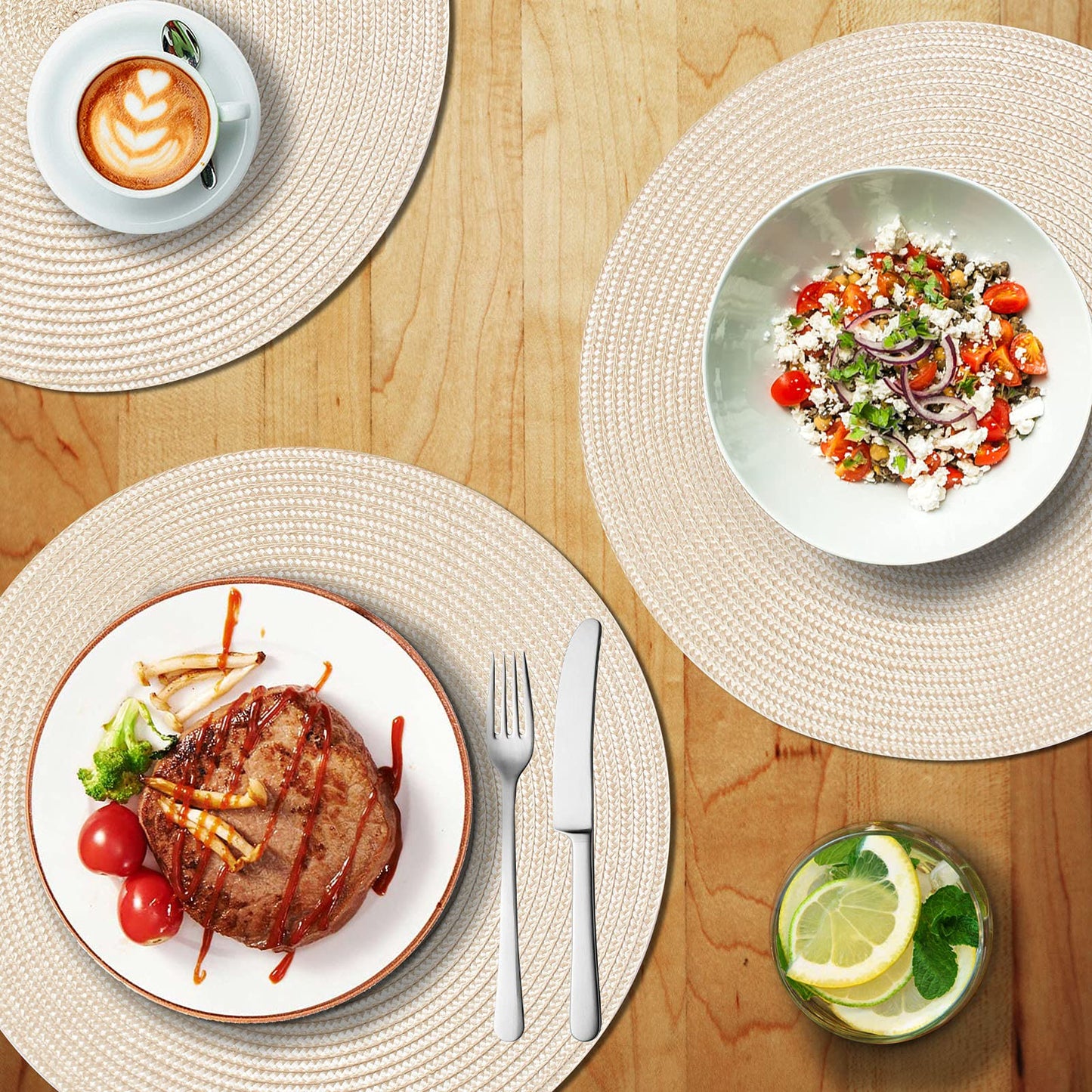 FunWheat Round Braided Placemats Set of 6 Table Mats for Dining Tables Woven Washable Non-Slip Place mats 15 inch for Easter Decoration(Ivory Beige, 6pcs)