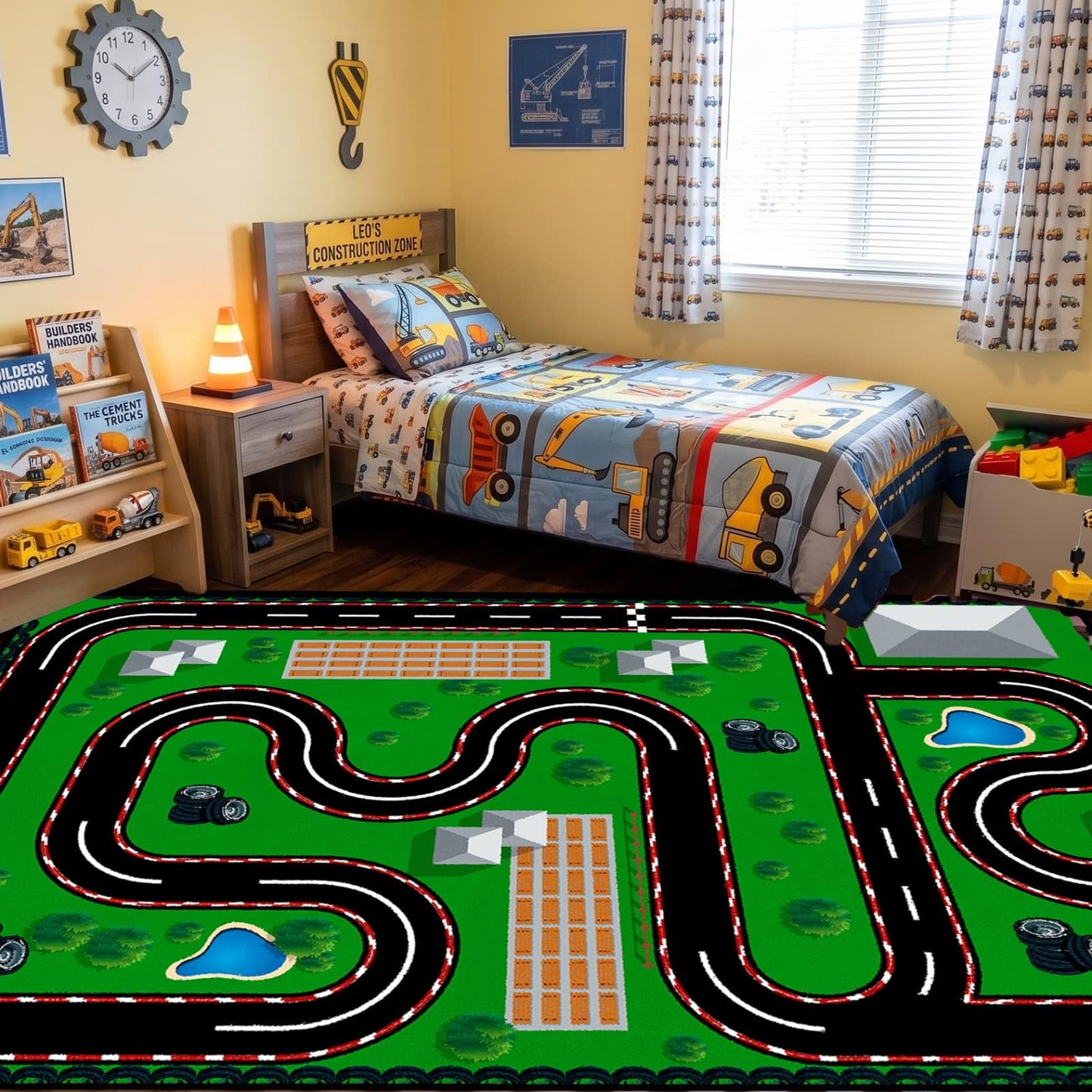 CRJMKS Non Slip Car Carpet for Kids Racing Road Car Playroom Mat, 2x3ft,Large Machine Washable Green Race Car Track Rug for Boy's Bedroom-Classroom Home Decor Soft Area Rugs