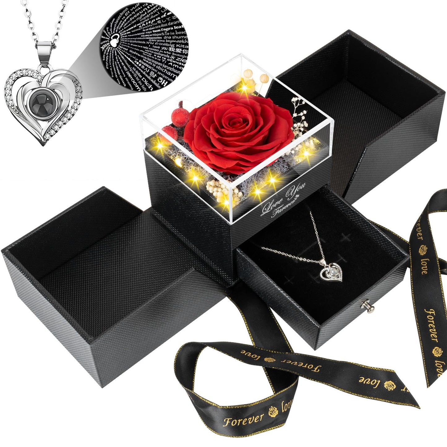 BNWXOY Preserved Red Real Rose with I Love You Necklace -Eternal Flowers Rose Birthday Gifts for Women Mom Grandma Wife Girlfriend Christmas Anniversary Romantic Gifts for Her