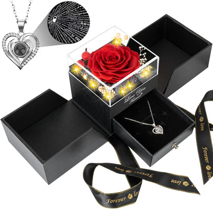 BNWXOY Preserved Red Real Rose with I Love You Necklace -Eternal Flowers Rose Birthday Gifts for Women Mom Grandma Wife Girlfriend Christmas Anniversary Romantic Gifts for Her