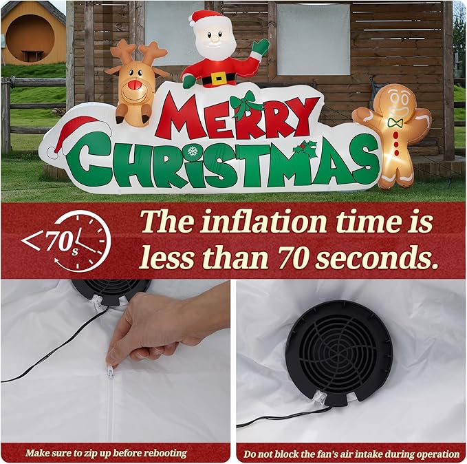 9.5 FT Christmas Inflatable Merry Christmas Sign with Santa, Reindeer & Gingerbread Man, LED Lit in- & Outdoor Decoration for Yard Garden Lawn Winter Decor