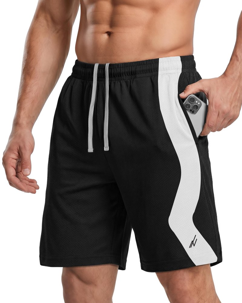 NY Threads Men's Athletic Shorts Quick Dry Loose-Fit Lightweight Running Workout Gym Shorts with Pockets, Large, Black White Panel