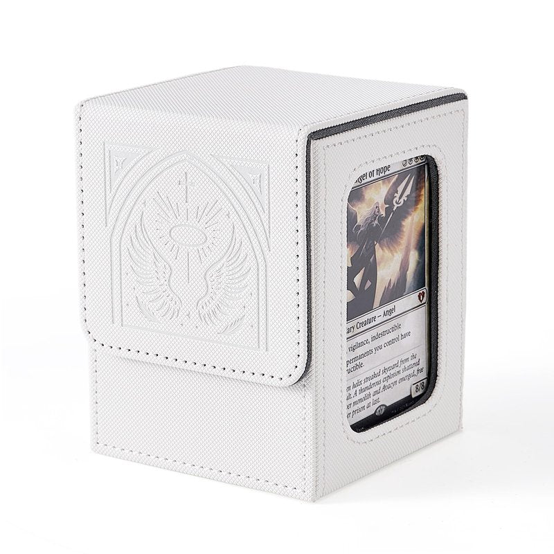 Venssu MTG Deck Box with Commander Display, Angel Card Deck Case Fits 120 Single Sleeved Cards, TCG Card Storage Box with 2 Dividers and 1 Toploader (White＆Grey)