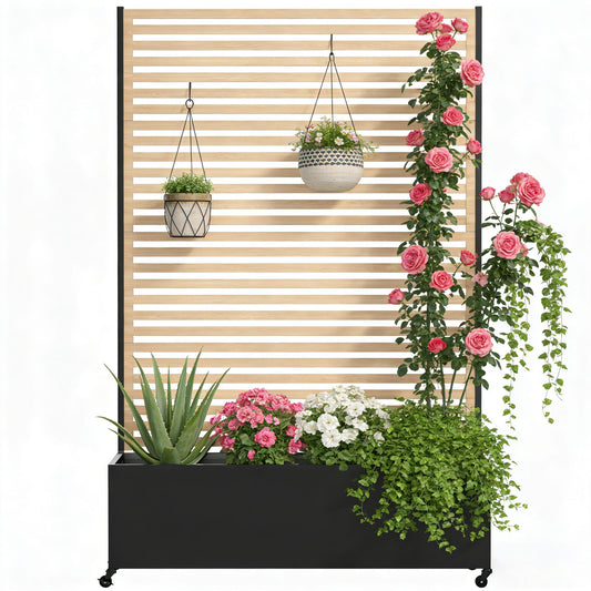 Metal Planter Box with Trellis Privacy Screen, Raised Garden Bed with Trellis & Wheels, Privacy Planters for Patio, Planter Box with Drainage Holes for Climbing Plants, Flower, 73"x 47"x 16", Wood