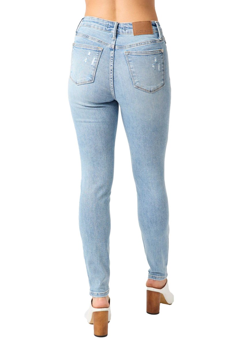 Judy Blue Women's Mid Rise Tummy Control Destroy Skinny Jeans (Light Blue, 14W)