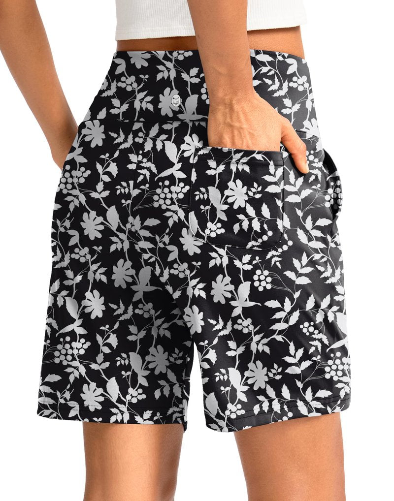 G Gradual Women's Bermuda Long Shorts with Pockets 7" High Waisted Knee Length Shorts for Women Walking Athletic Workout(White Flower-L7,XXL)