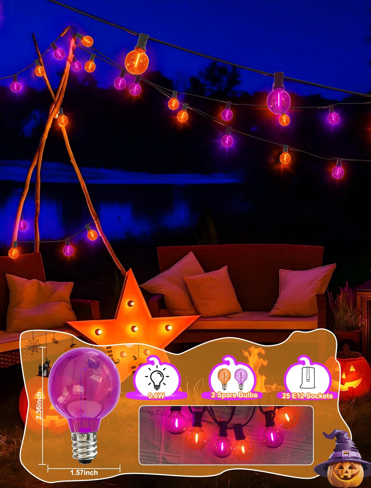 Pallerina Purple and Orange Halloween Lights,25FT 27 LED G40 Globe String Lights,Waterproof Halloween Decorations for Outdoor Indoor Haunted Patio Home Party Garden Yard Decor