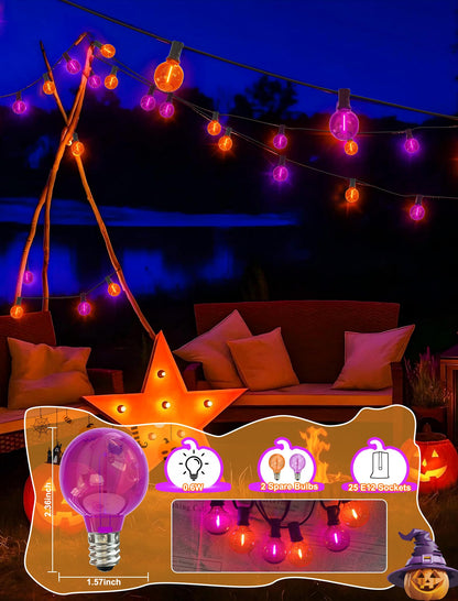 Pallerina Purple and Orange Halloween Lights,25FT 27 LED G40 Globe String Lights,Waterproof Halloween Decorations for Outdoor Indoor Haunted Patio Home Party Garden Yard Decor