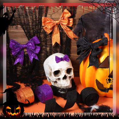 Juinte 3 Roll 30 Yards Halloween Glitter Wired Ribbon Halloween Party Favors Decor Gift Wrapping Ribbon for Craft Headband Bow Decor(1.5 Inch,Black, Orange, Purple)