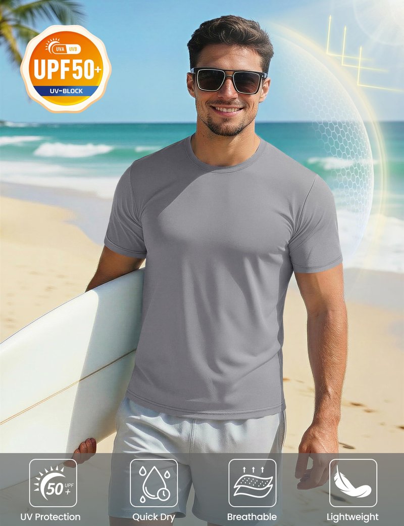 Tee Shirts for Men Short Sleeve Casual Shirts UPF 50+ Sun Protection Gym Athletic T-Shirts Dry Fit Breathable Shirts Outdoor Light Grey