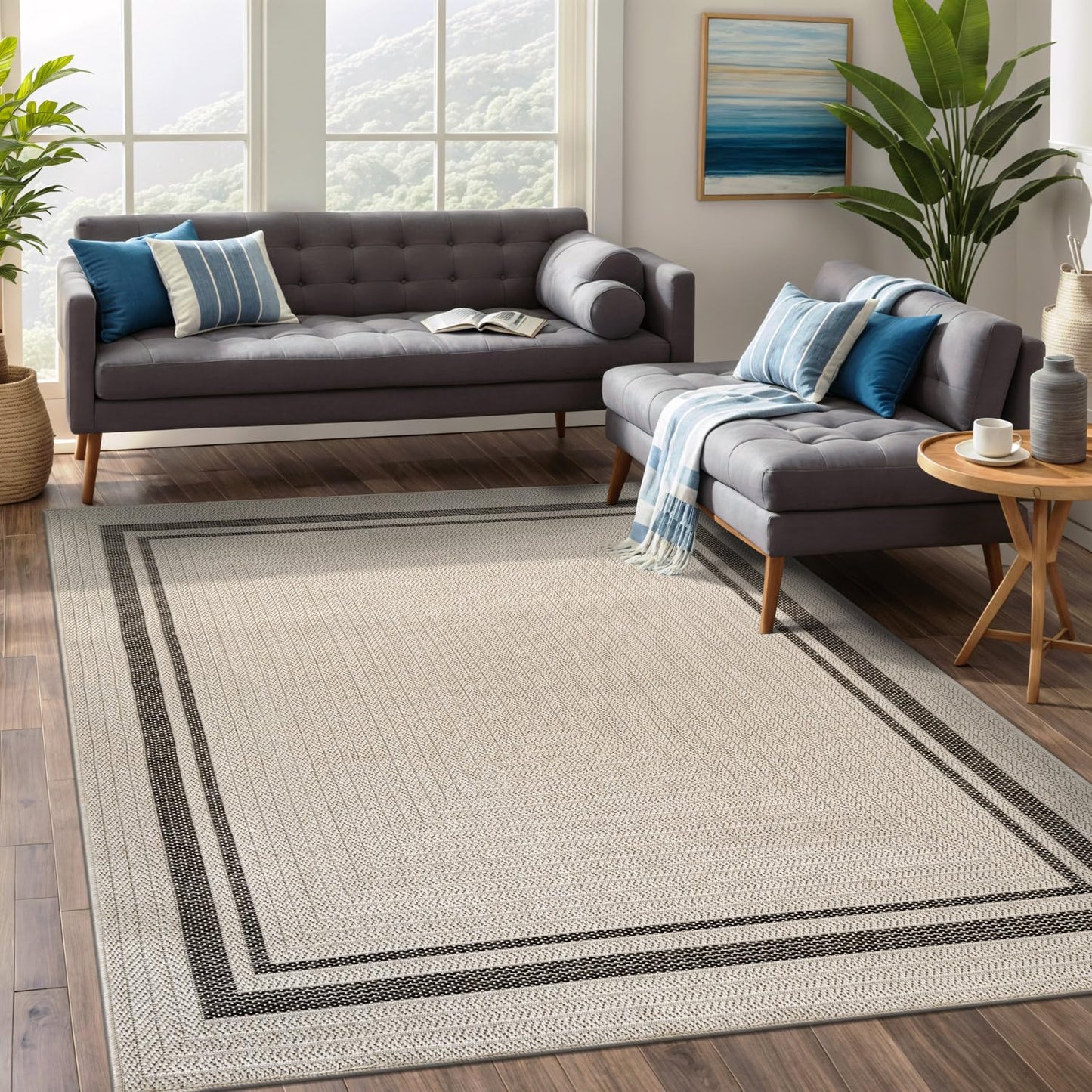 Beverly Rug Easy Jute Bordered Rug 5x7 Washable Durable Indoor Outdoor Area Rugs for Living Dining Room Patio Office Stain Resistant Non Shedding Casual Indoor Outside Carpet 5 x 7 Off-White