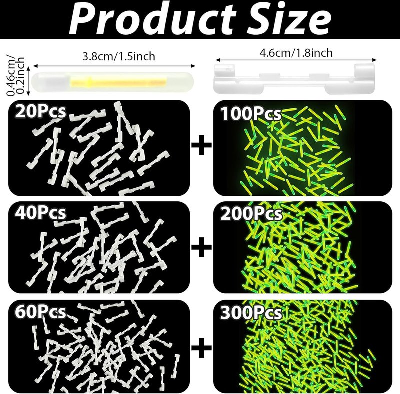 Fishing Glow Sticks - 200PCS Mini Green Rod Tip Lights for Night Fishing | Includes 40 Attachments Clips